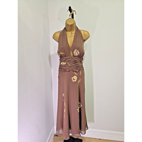 Anne Klein Babydoll Silk Y2K Dress Floral Womens 14 Taupe Floral Halter Chiffon - Picture 1 of 8